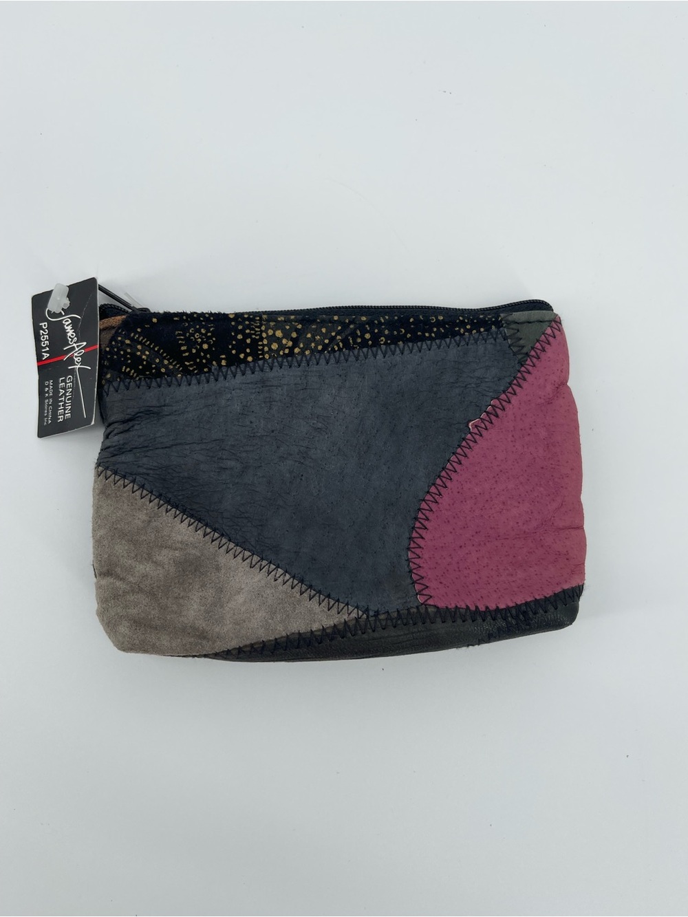 Vintage 70s James Alex Genuine Leather Coin Purse Patchwork in Black, Pink, Gray